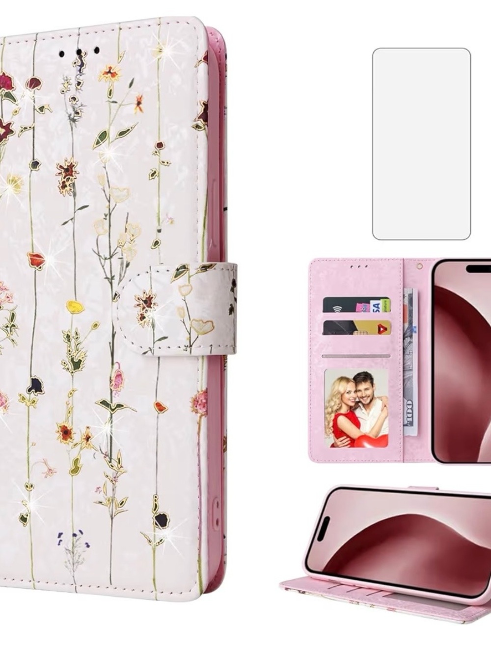 iPhone 16 Pro 6.3 inch Floral Pink Wallet Phone Case with Card Slots